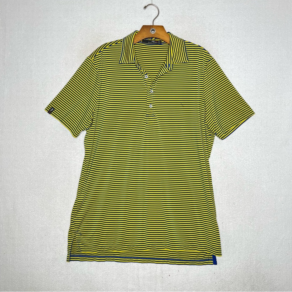 Ralph Lauren RLX Yellow Blue Strip Gold Polo Short Sleeve Size L